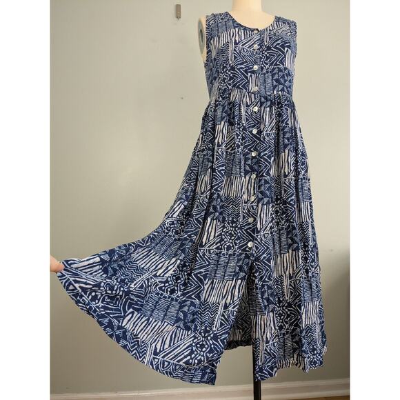 Karen Scott Maxi Dress Tropical Beachy Button Tie Back Sleeveless Blue White L - Picture 2 of 9